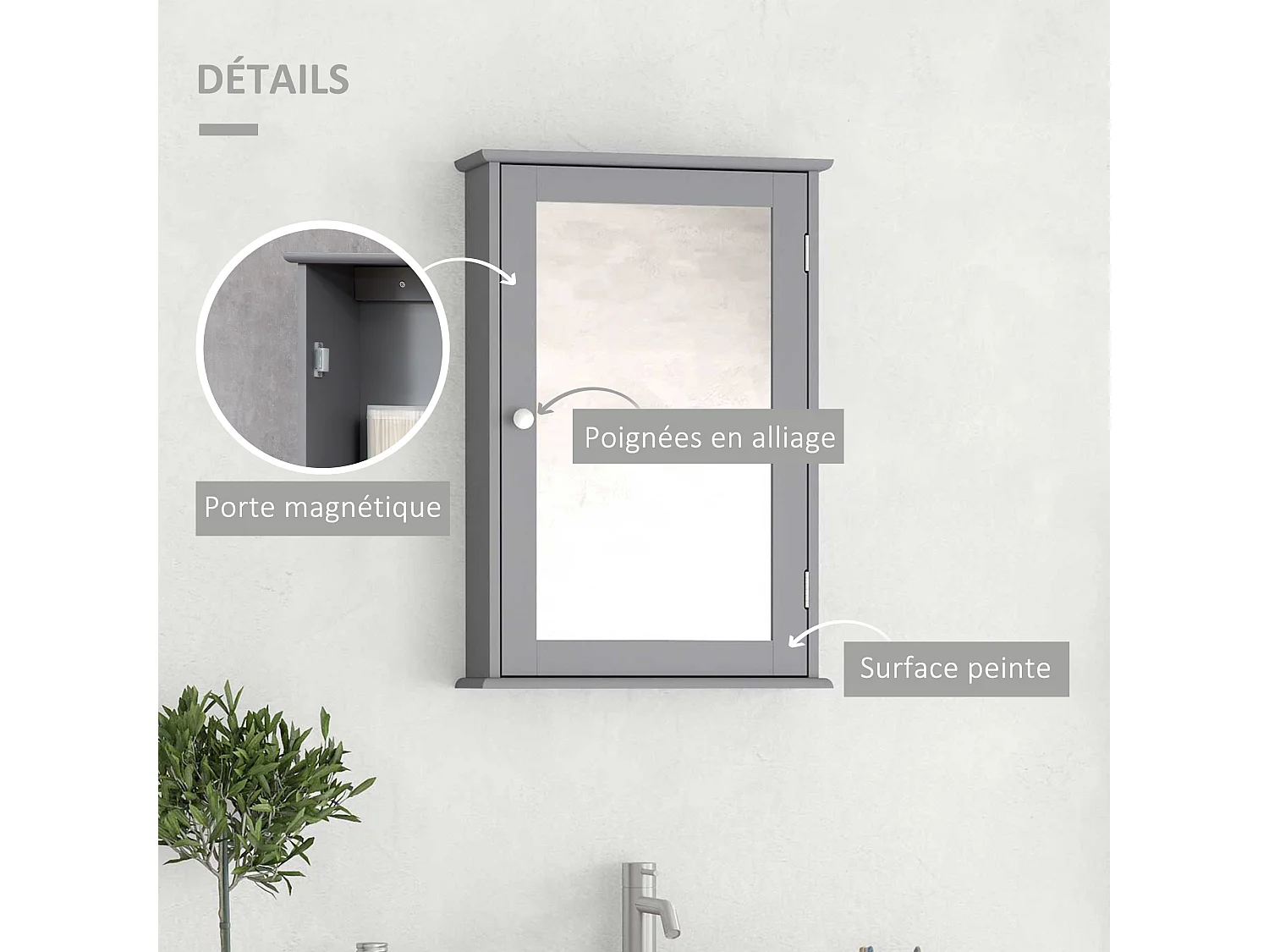 Armoire miroir mural de salle de bain - porte, 2 étagères - dim. 41L x 14l x 60H cm - gris