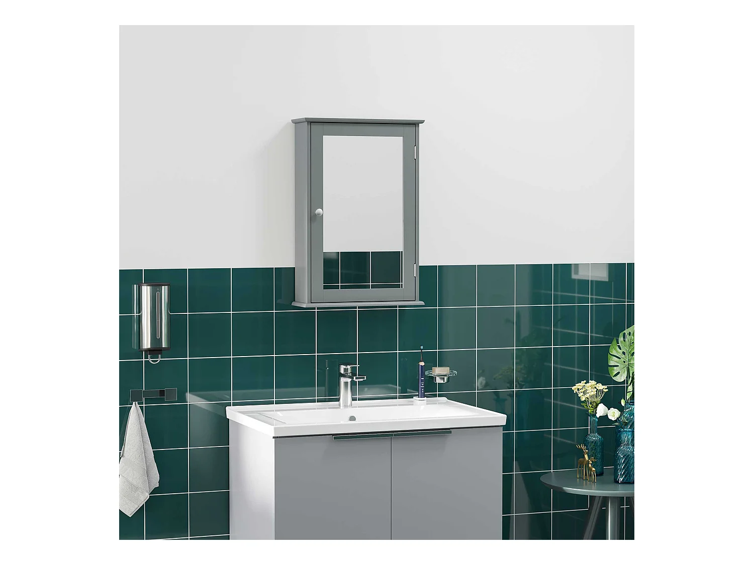 Armoire miroir mural de salle de bain - porte, 2 étagères - dim. 41L x 14l x 60H cm - gris