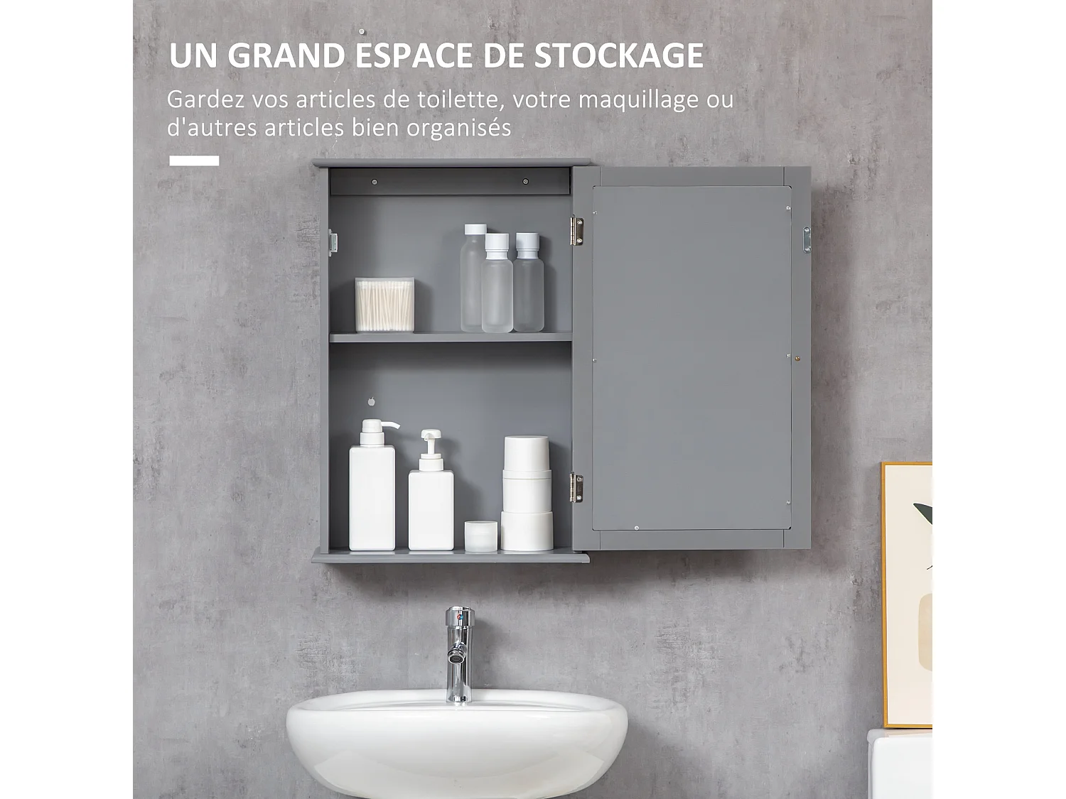 Armoire miroir mural de salle de bain - porte, 2 étagères - dim. 41L x 14l x 60H cm - gris