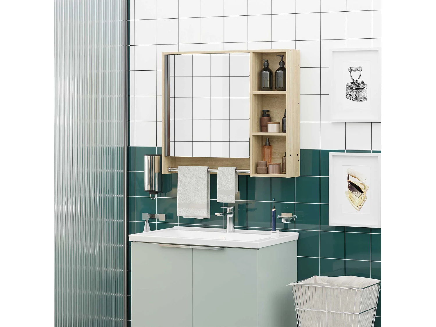 Armoire miroir murale de salle de bain - porte, 2 étagères, 3 niches, porte-serviette - aspect bois clair
