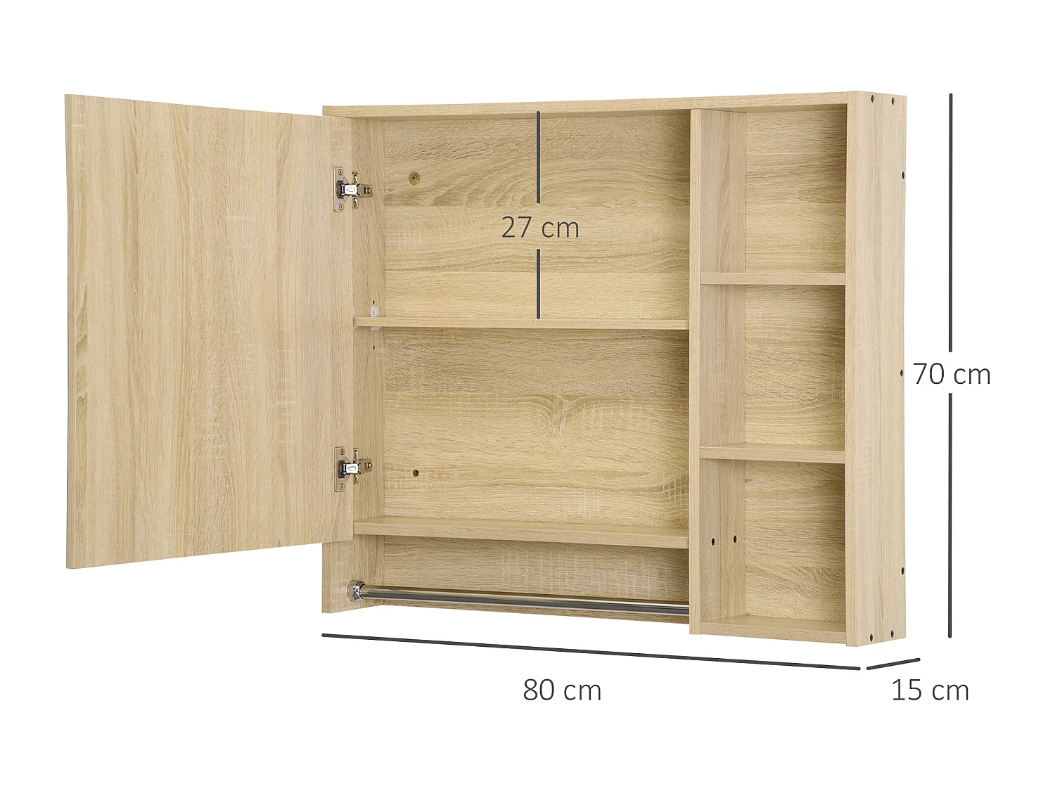 Armoire miroir murale de salle de bain - porte, 2 étagères, 3 niches, porte-serviette - aspect bois clair