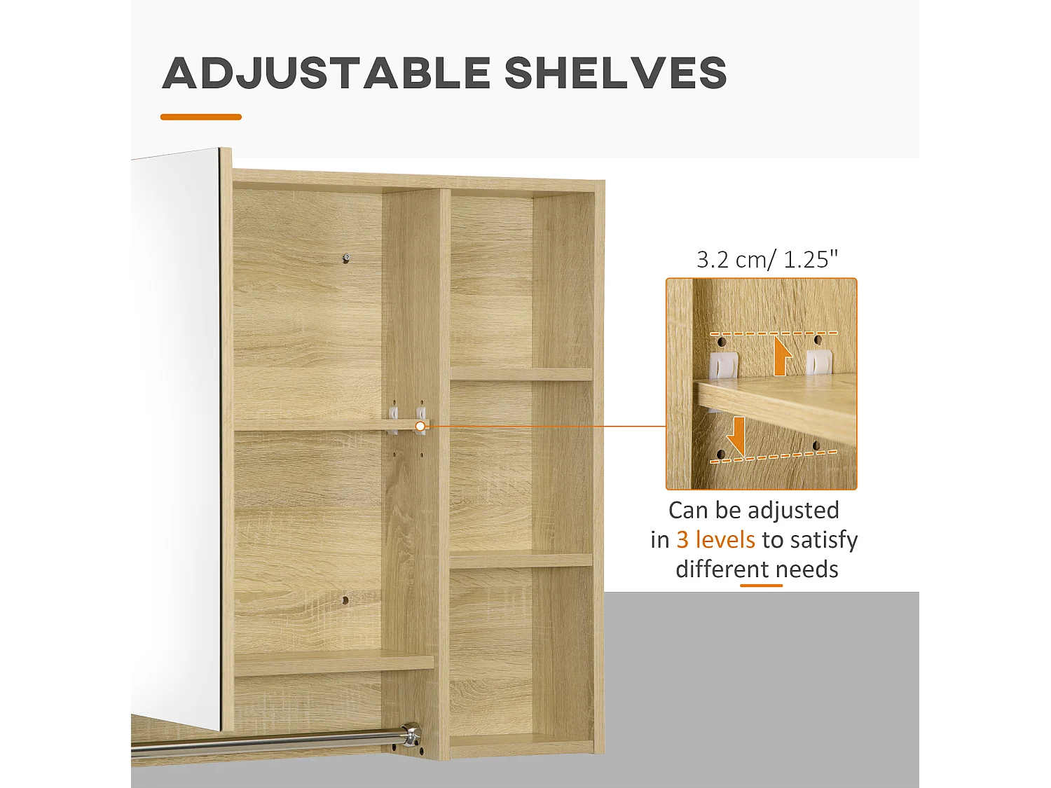 Armoire miroir murale de salle de bain - porte, 2 étagères, 3 niches, porte-serviette - aspect bois clair