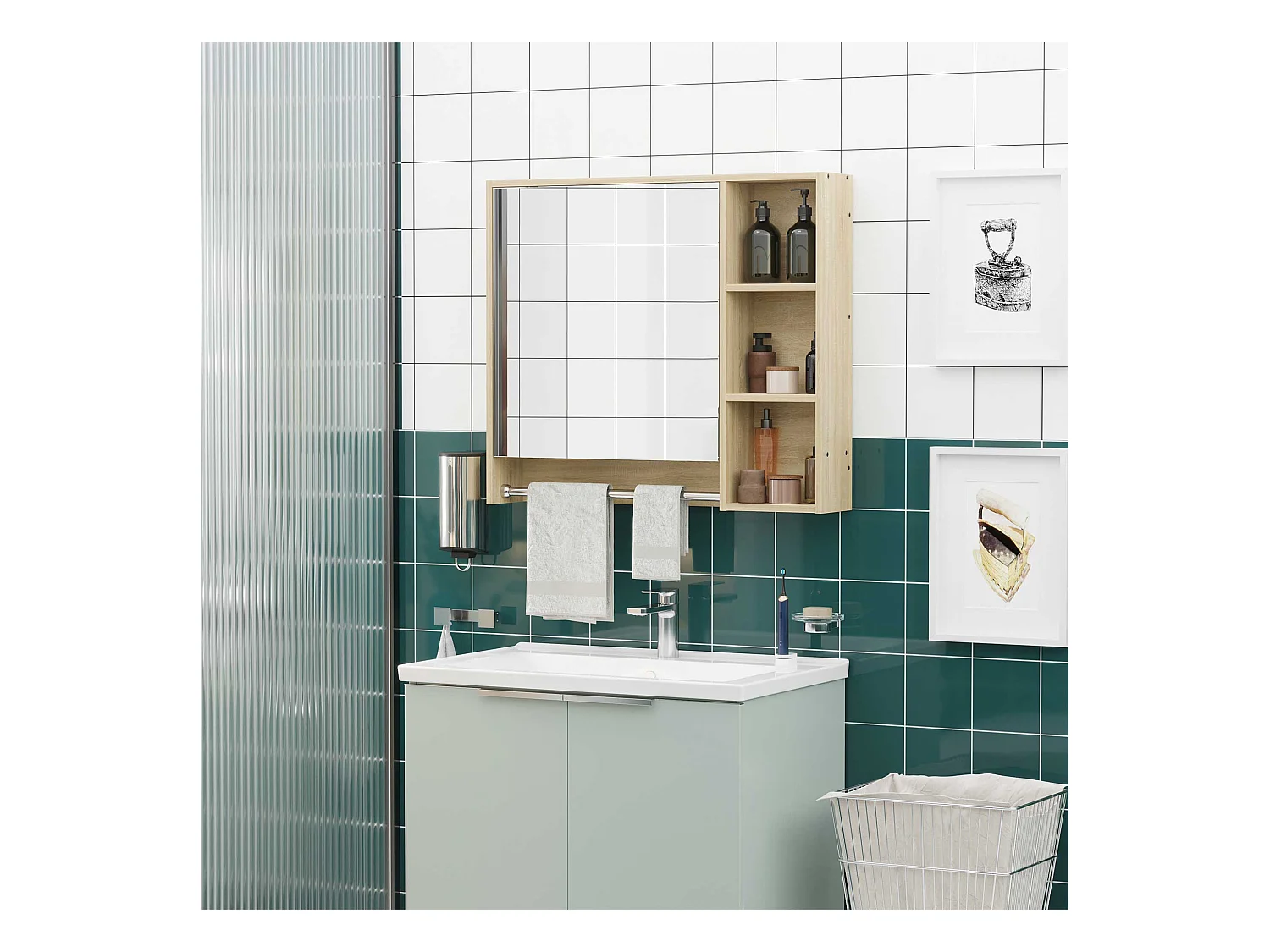 Armoire miroir murale de salle de bain - porte, 2 étagères, 3 niches, porte-serviette - aspect bois clair