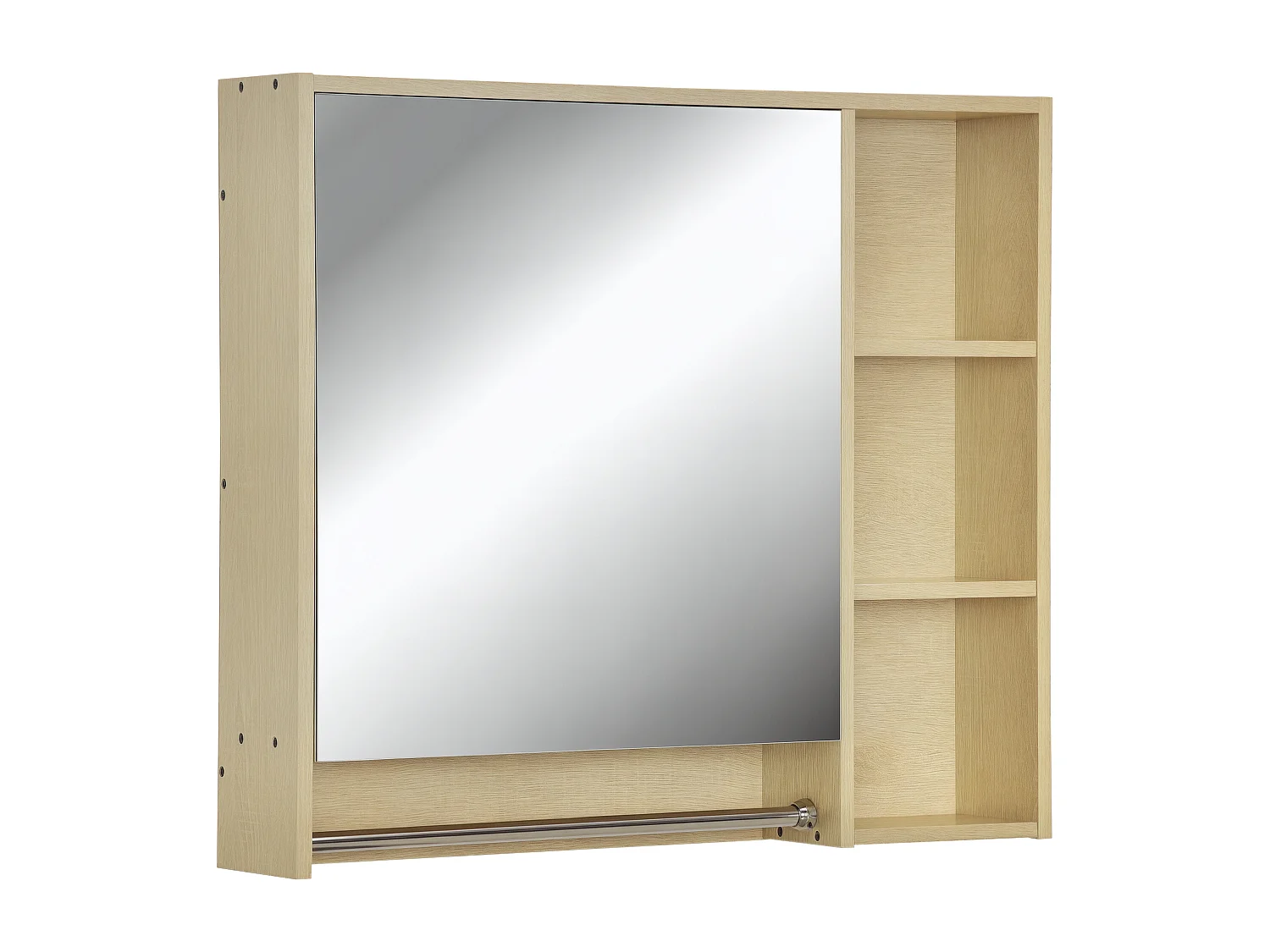 Armoire miroir murale de salle de bain - porte, 2 étagères, 3 niches, porte-serviette - aspect bois clair