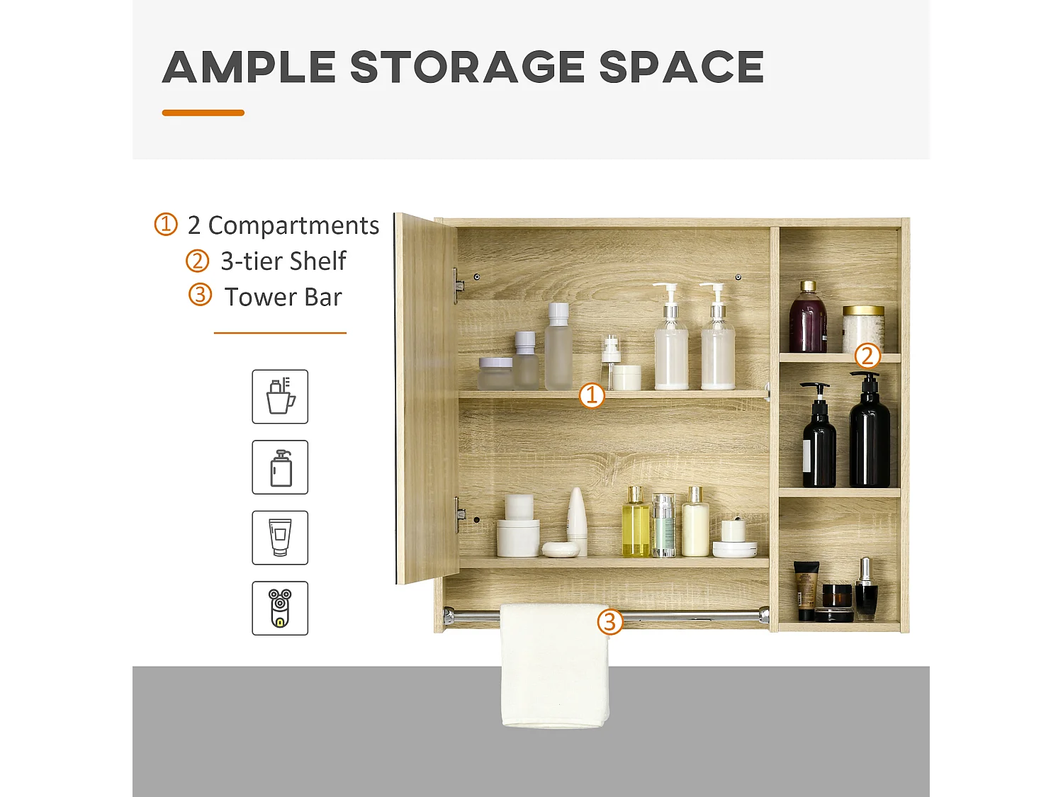 Armoire miroir murale de salle de bain - porte, 2 étagères, 3 niches, porte-serviette - aspect bois clair