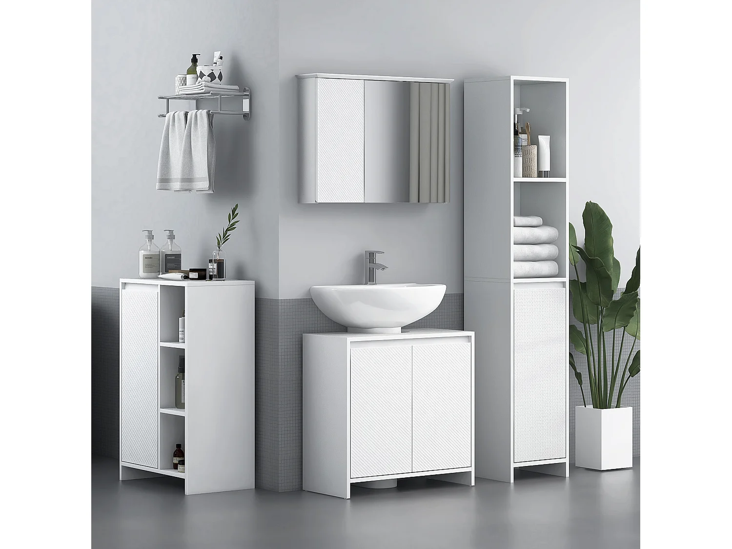 Armoire murale miroir salle de bain design contemporain 2 portes étagères dim. 65L x 15l x 49H cm blanc