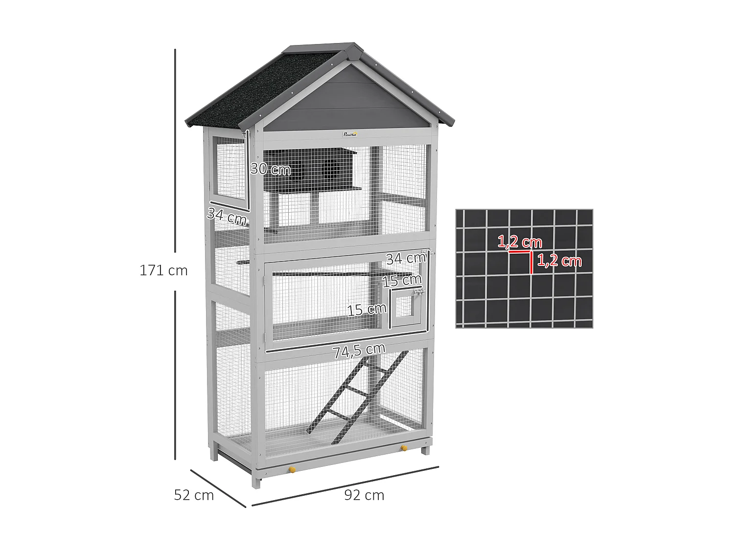 Volière grande cage à oiseaux en bois - 3 portes, toit bitumé double pente, échelle, perchoirs, nichoir, plateau - gris