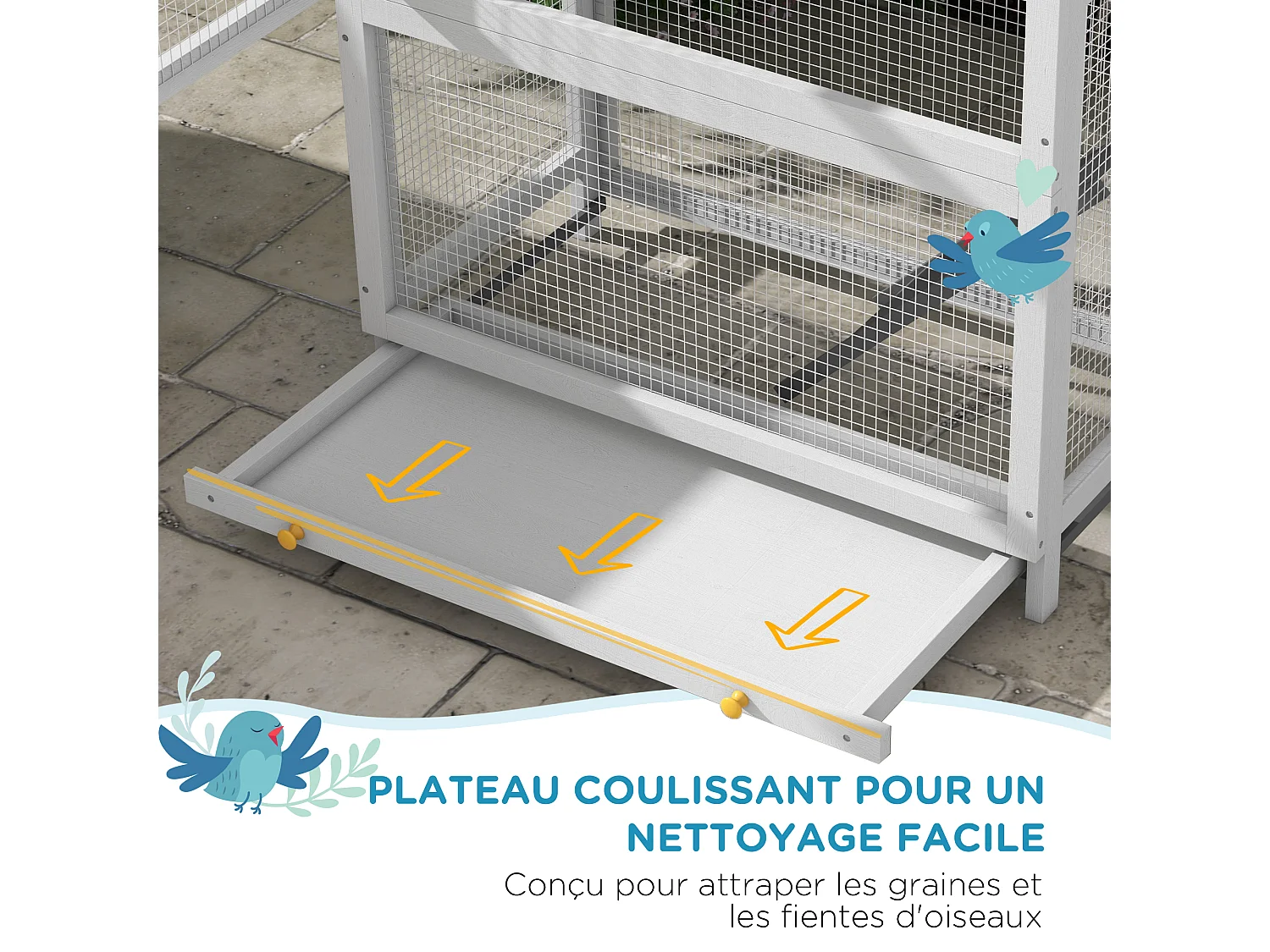 Volière grande cage à oiseaux en bois - 3 portes, toit bitumé double pente, échelle, perchoirs, nichoir, plateau - gris