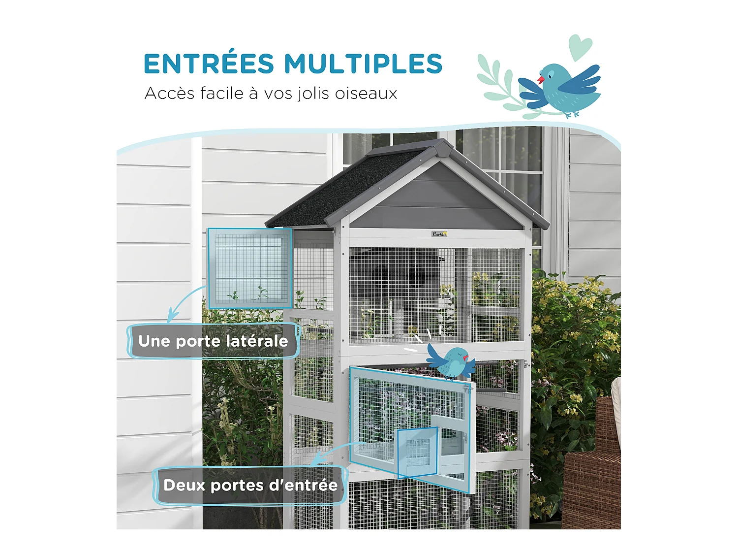 Volière grande cage à oiseaux en bois - 3 portes, toit bitumé double pente, échelle, perchoirs, nichoir, plateau - gris