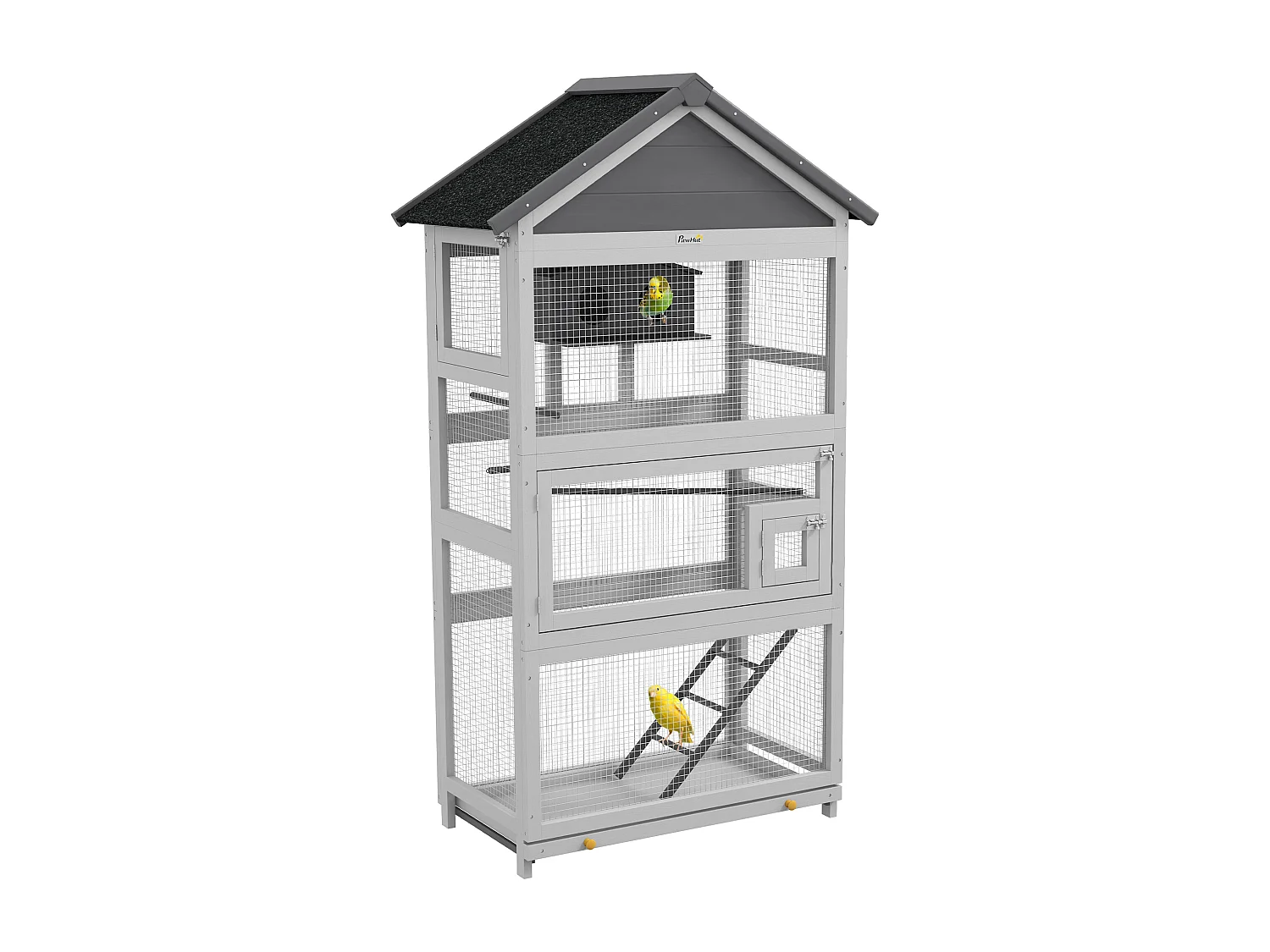 Volière grande cage à oiseaux en bois - 3 portes, toit bitumé double pente, échelle, perchoirs, nichoir, plateau - gris