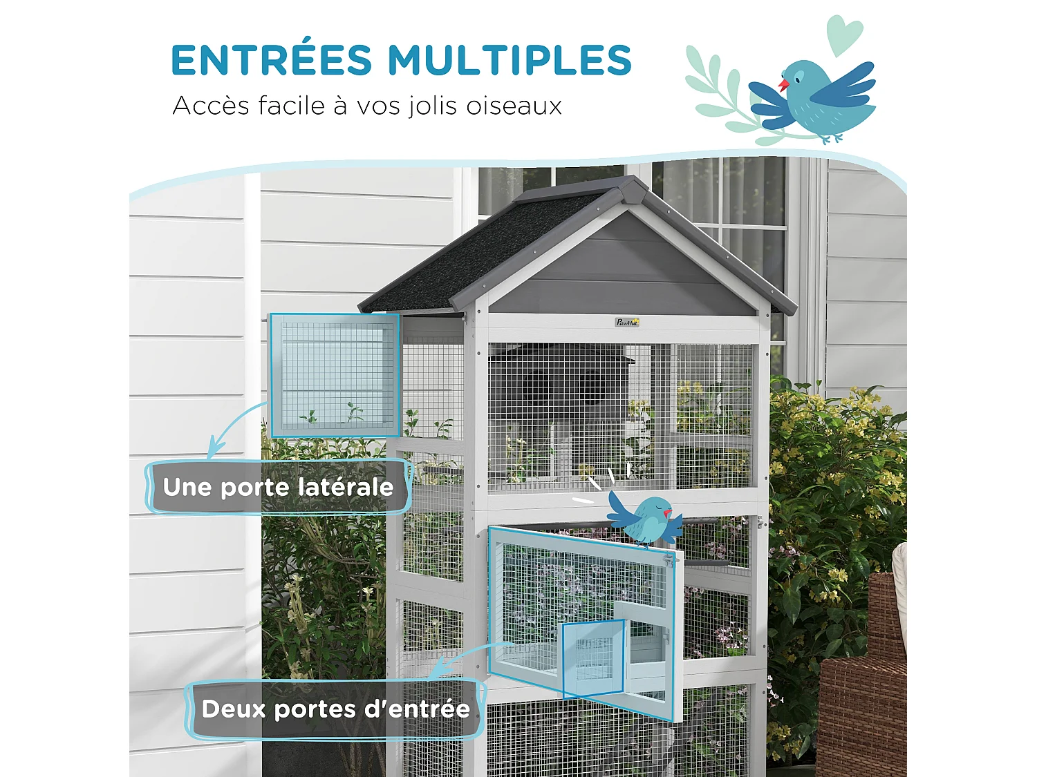 Volière grande cage à oiseaux en bois - 3 portes, toit bitumé double pente, échelle, perchoirs, nichoir, plateau - gris