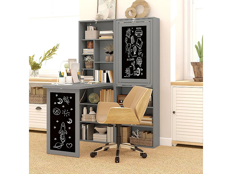 Bureau mural pliable table murale rabattable suspendue sur pied avec bibliothèque tableau à craie intégré panneaux particules gris