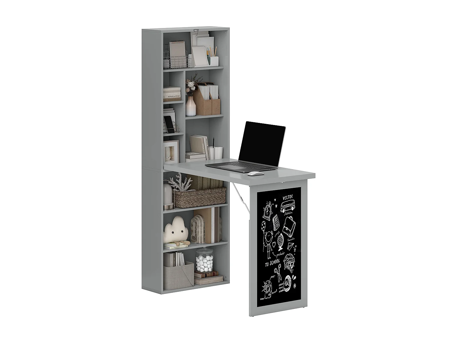 Bureau mural pliable table murale rabattable suspendue sur pied avec bibliothèque tableau à craie intégré panneaux particules gris