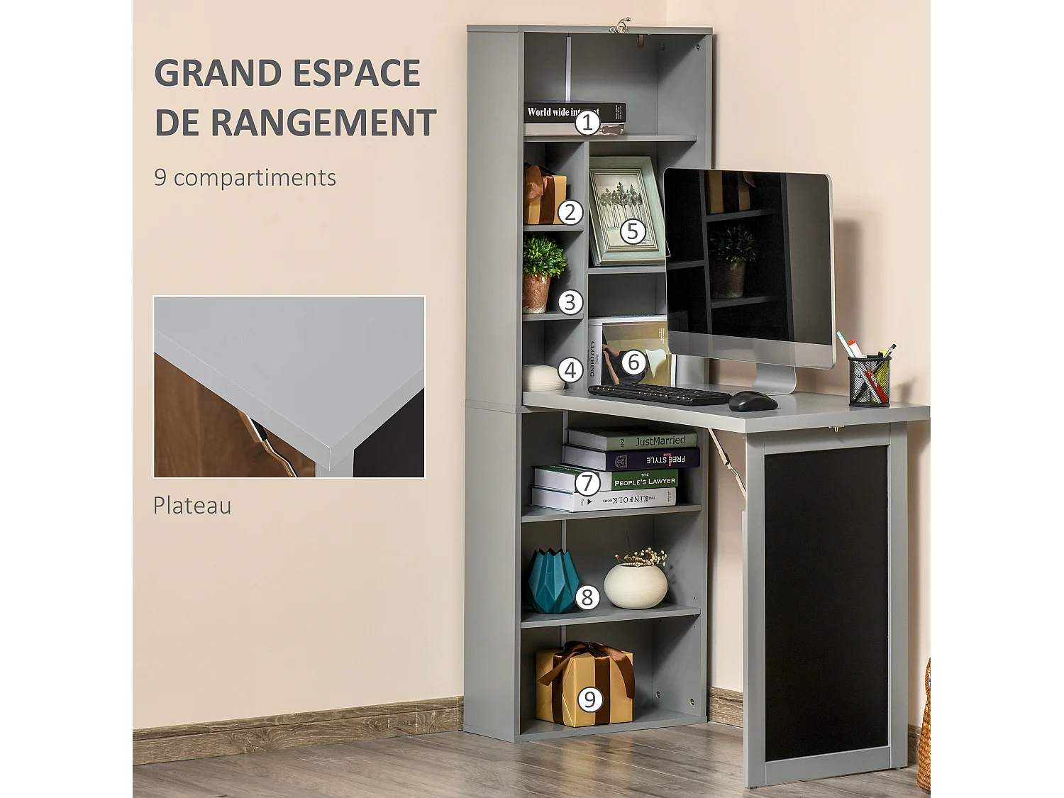 Bureau mural pliable table murale rabattable suspendue sur pied avec bibliothèque tableau à craie intégré panneaux particules gris