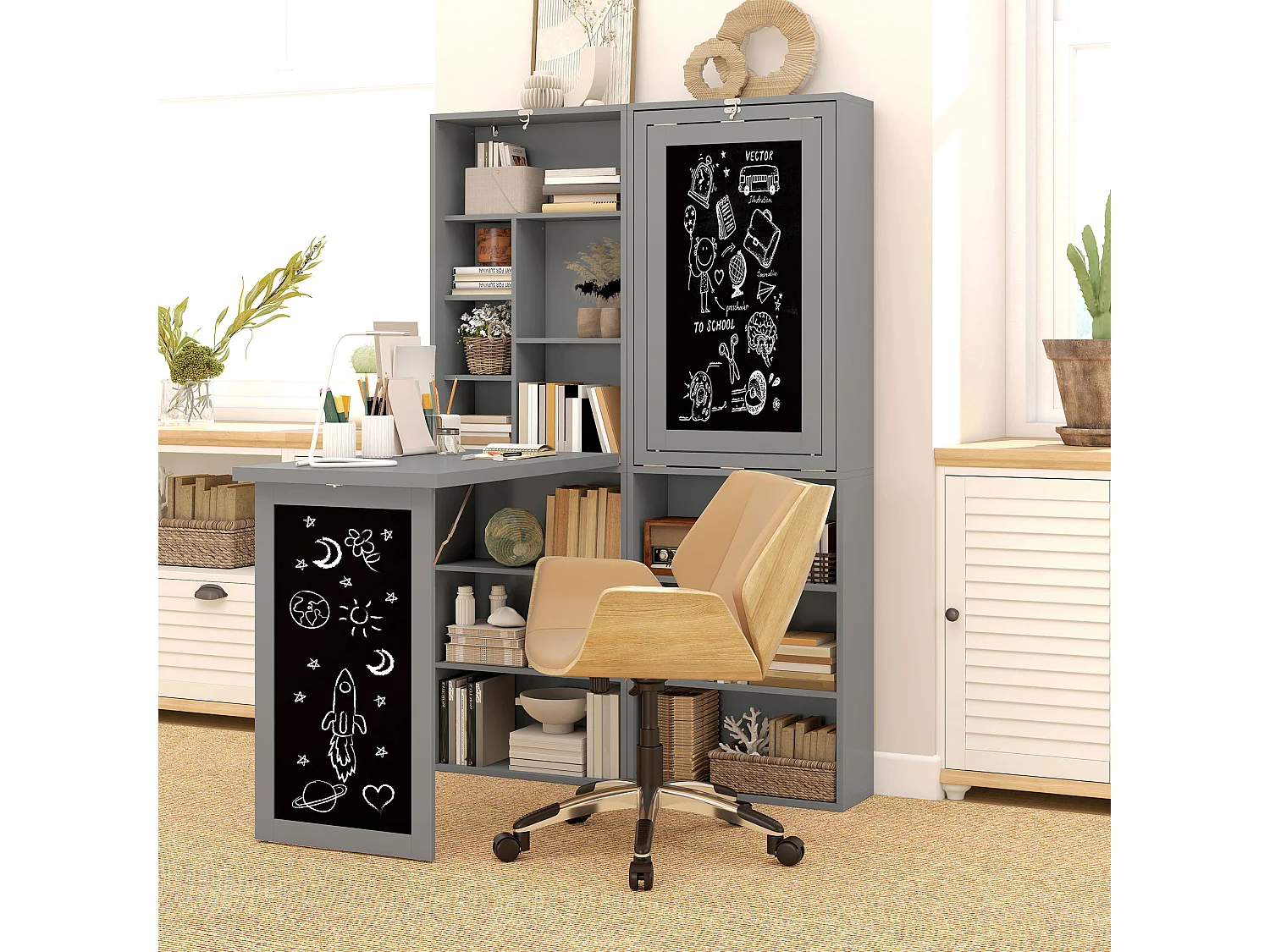 Bureau mural pliable table murale rabattable suspendue sur pied avec bibliothèque tableau à craie intégré panneaux particules gris