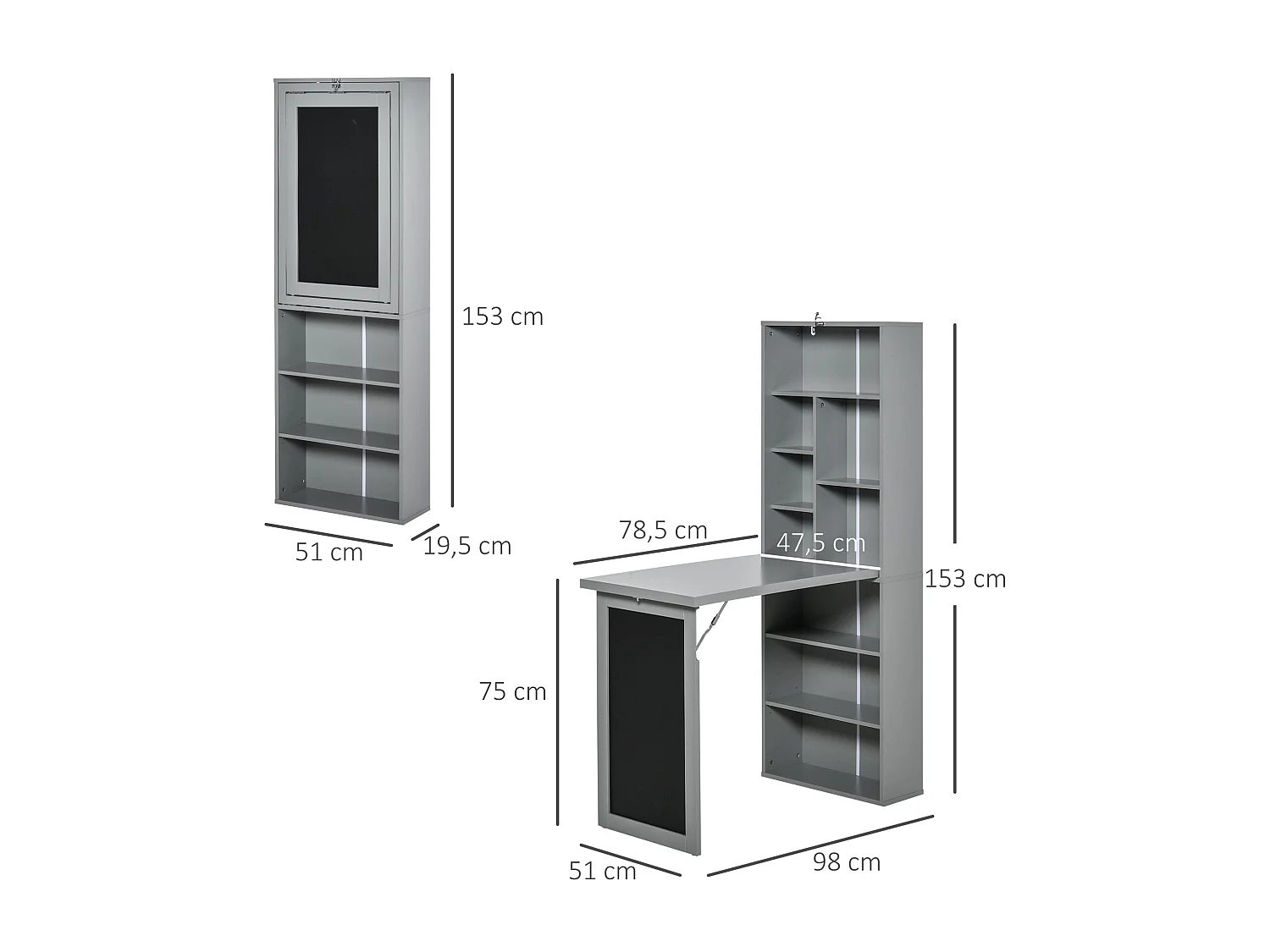 Bureau mural pliable table murale rabattable suspendue sur pied avec bibliothèque tableau à craie intégré panneaux particules gris