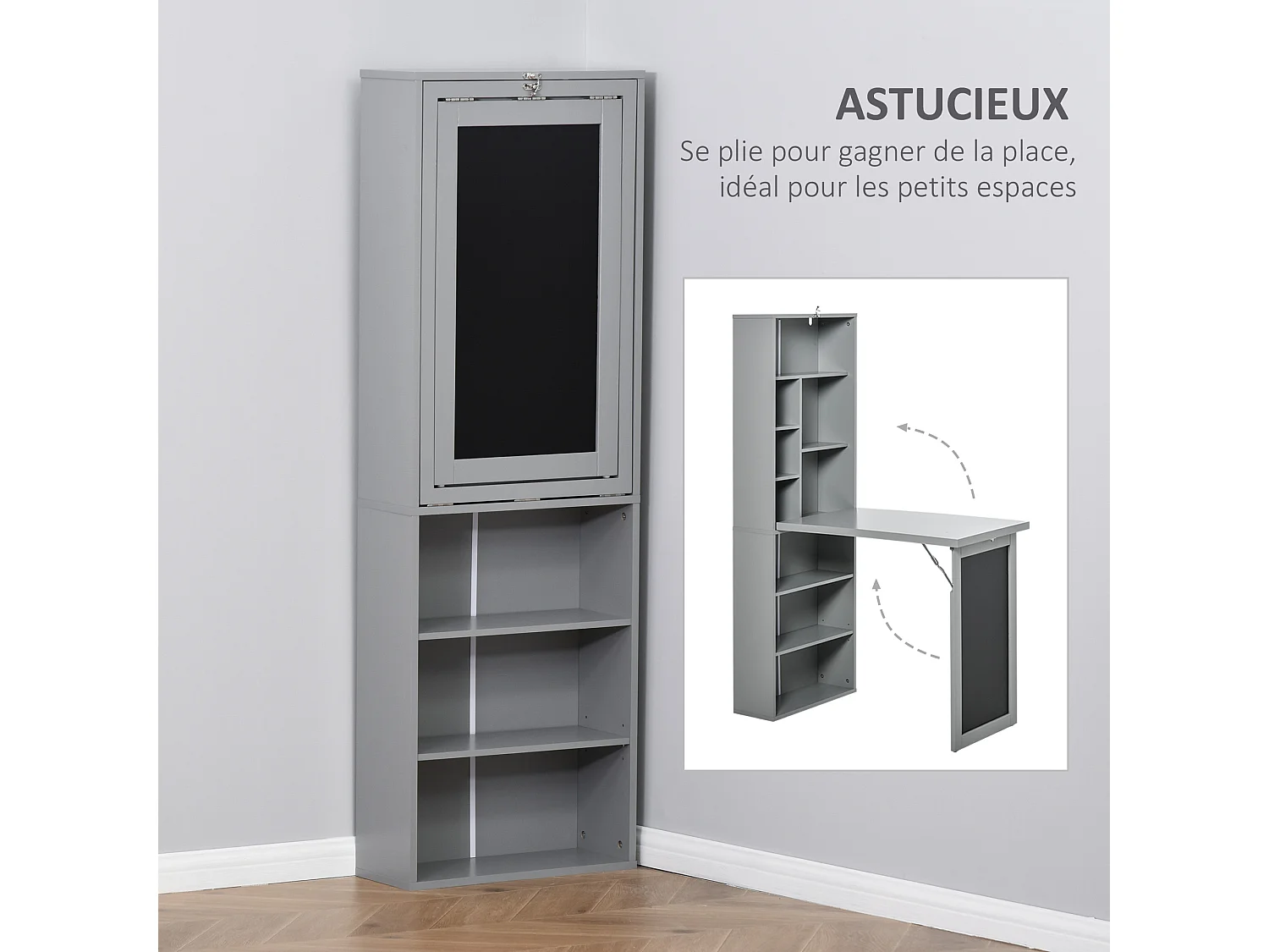 Bureau mural pliable table murale rabattable suspendue sur pied avec bibliothèque tableau à craie intégré panneaux particules gris