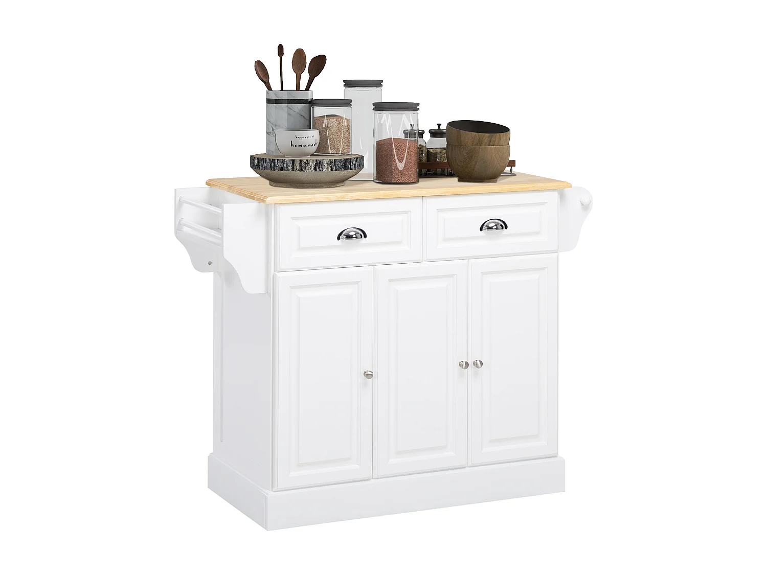 Îlot de cuisine desserte à roulettes - 2 tiroirs, 3 portes, porte-serviette, porte-épices - dim. 110L x 45l x 91H cm - blanc bois