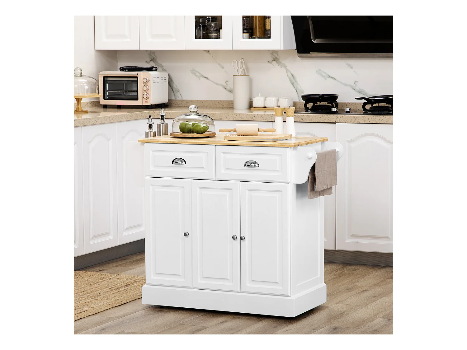 Îlot de cuisine desserte à roulettes - 2 tiroirs, 3 portes, porte-serviette, porte-épices - dim. 110L x 45l x 91H cm - blanc bois