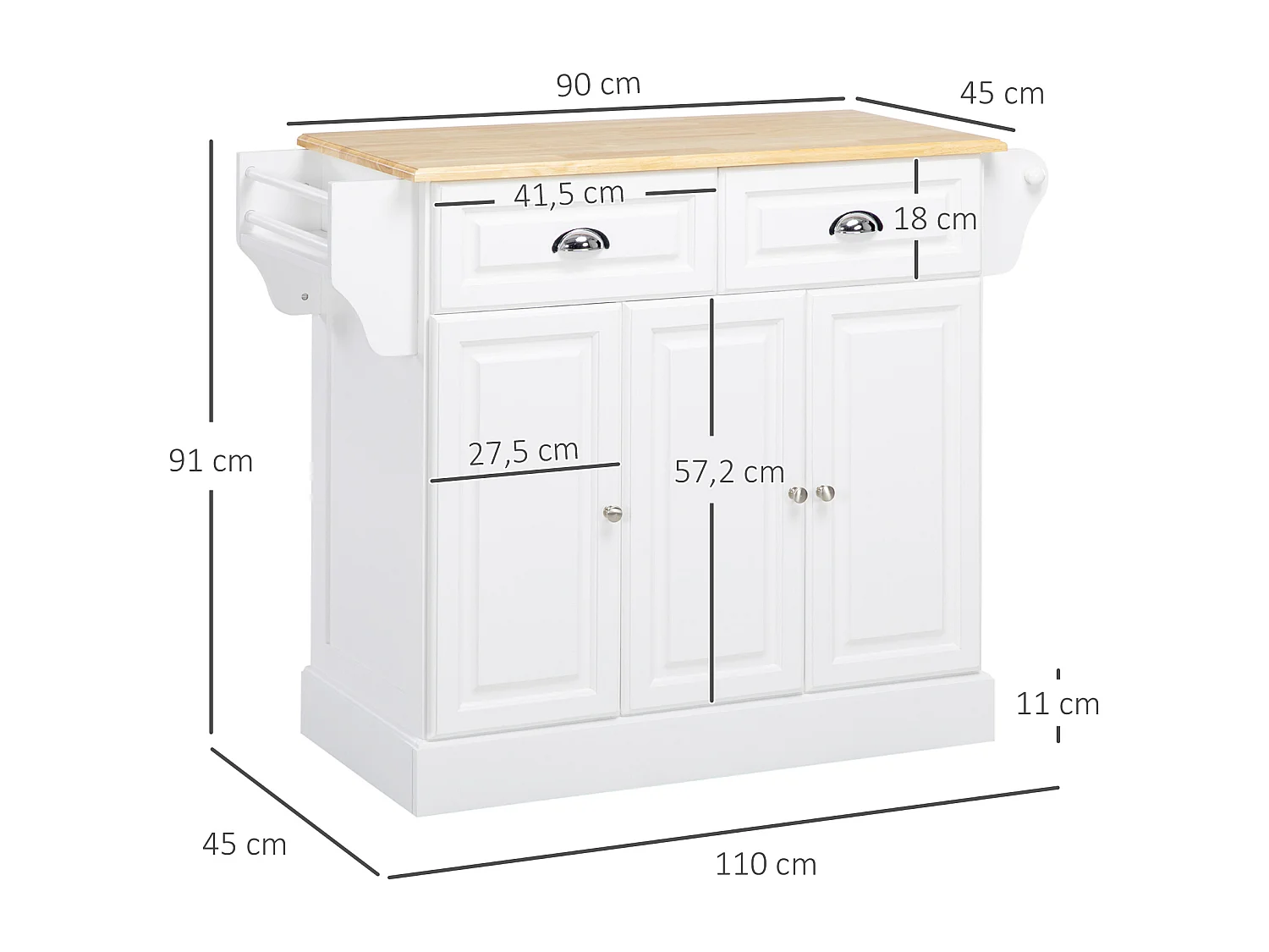 Îlot de cuisine desserte à roulettes - 2 tiroirs, 3 portes, porte-serviette, porte-épices - dim. 110L x 45l x 91H cm - blanc bois