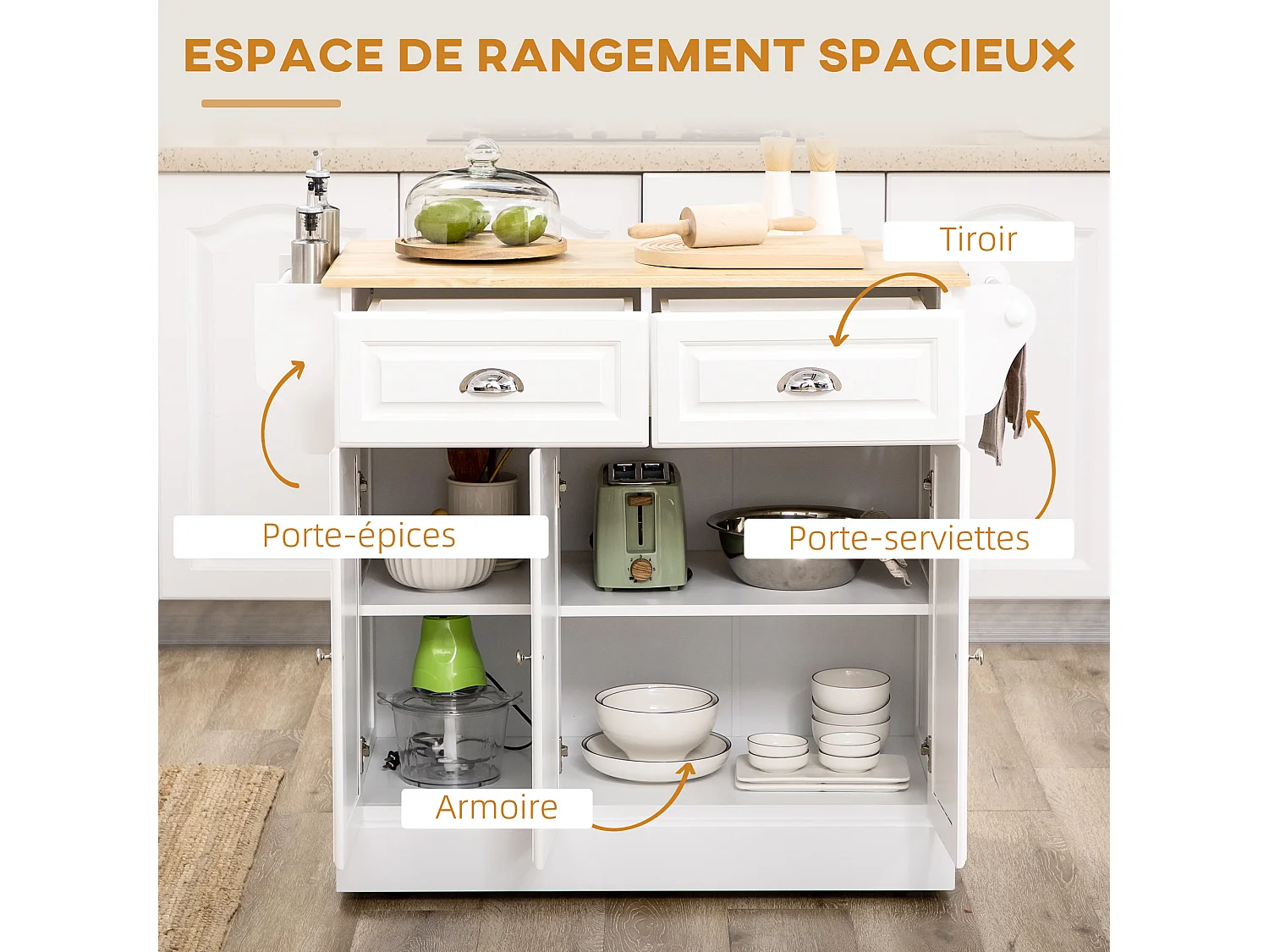 Îlot de cuisine desserte à roulettes - 2 tiroirs, 3 portes, porte-serviette, porte-épices - dim. 110L x 45l x 91H cm - blanc bois