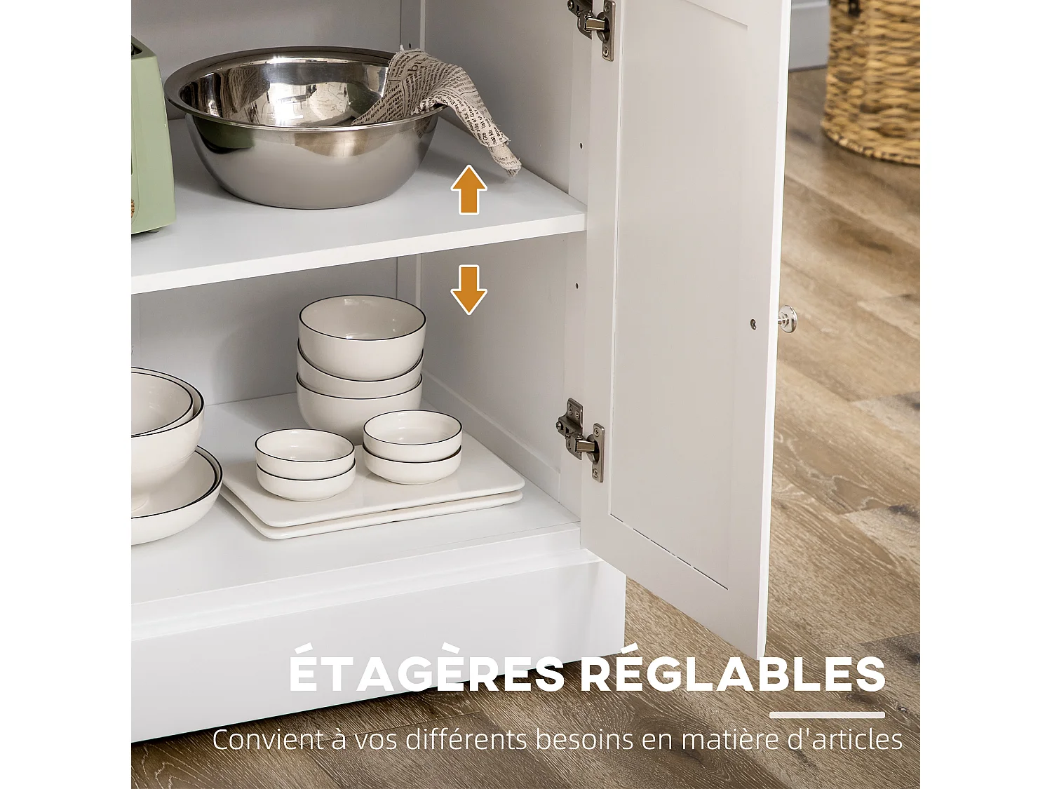 Îlot de cuisine desserte à roulettes - 2 tiroirs, 3 portes, porte-serviette, porte-épices - dim. 110L x 45l x 91H cm - blanc bois