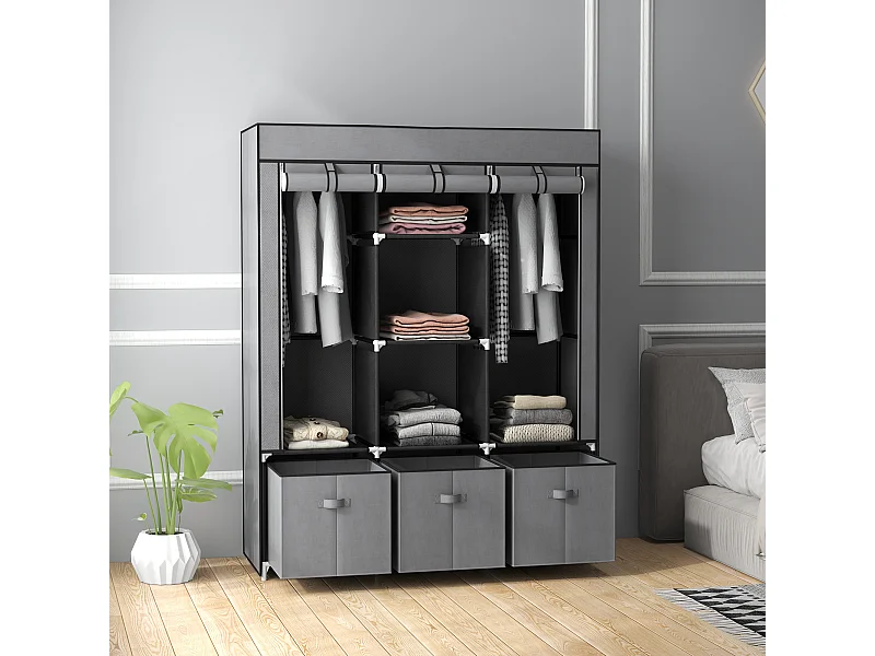 Armoire penderie pliable 5 étagères 2 tringles 3 tiroirs tissu gris