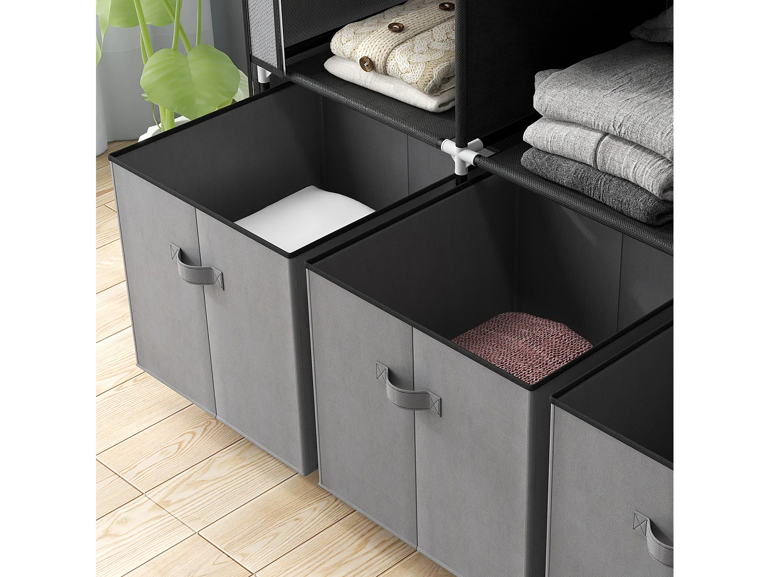 Armoire penderie pliable 5 étagères 2 tringles 3 tiroirs tissu gris