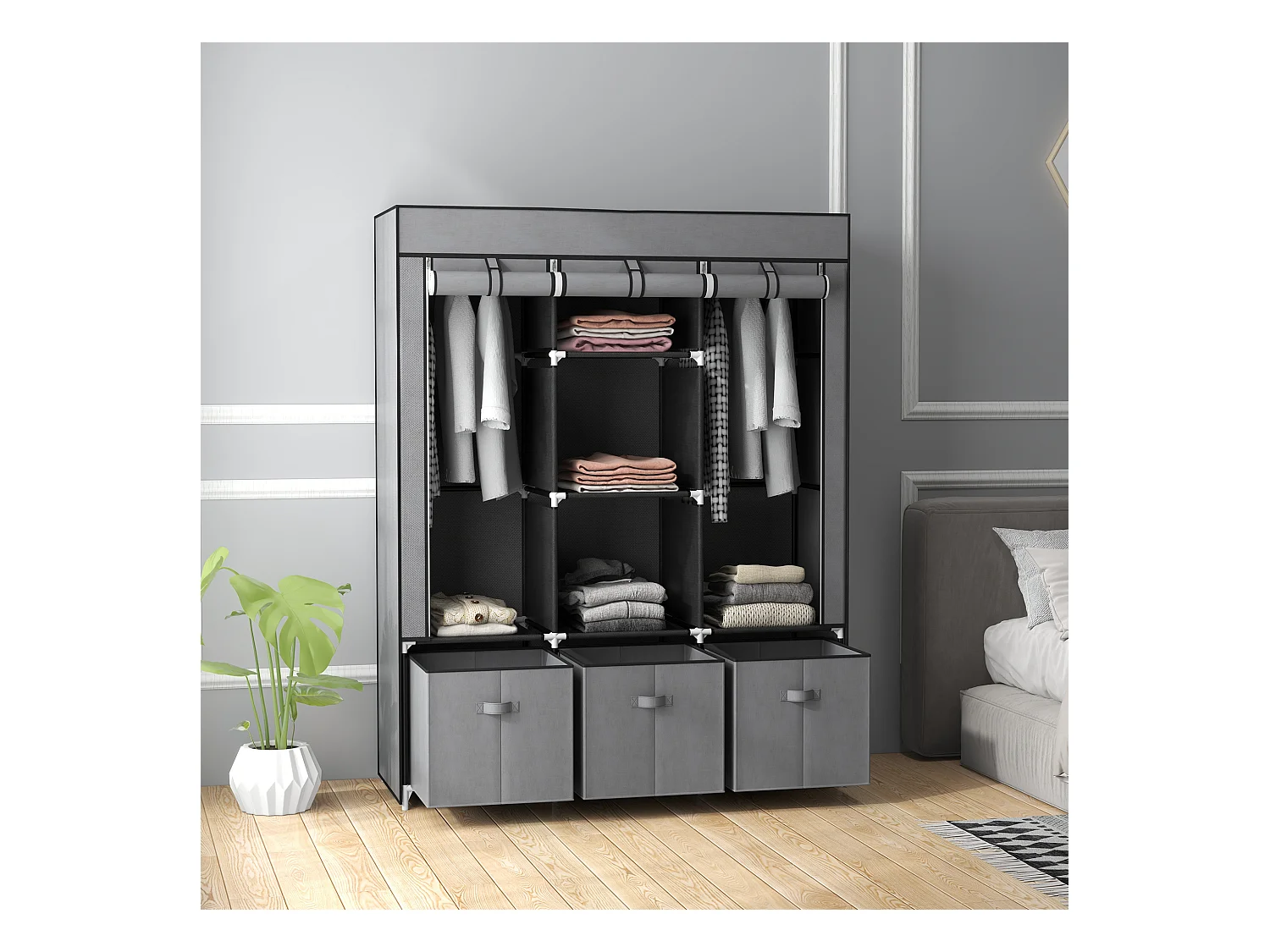 Armoire penderie pliable 5 étagères 2 tringles 3 tiroirs tissu gris