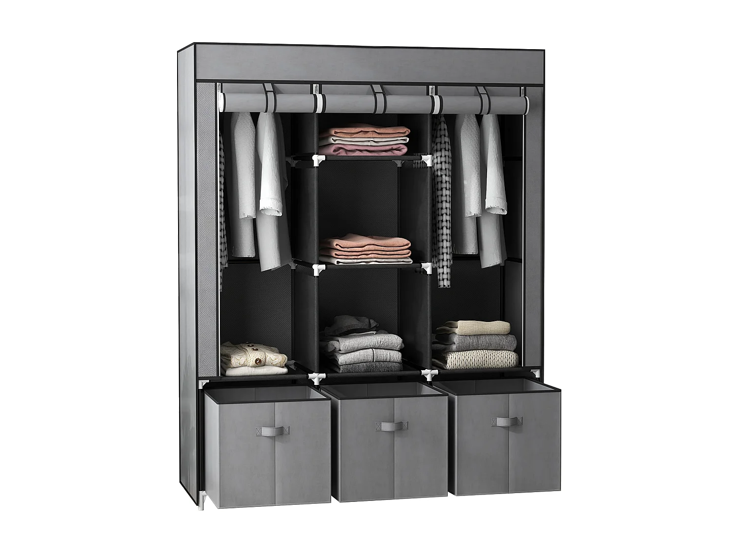 Armoire penderie pliable 5 étagères 2 tringles 3 tiroirs tissu gris
