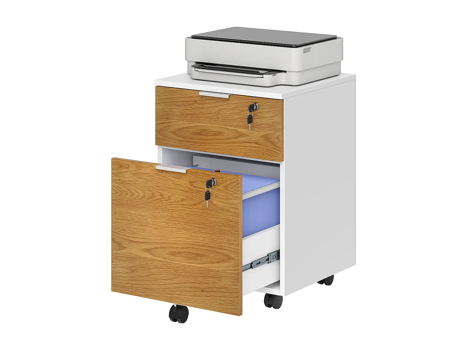 Caisson de bureau rangement bureau sur roulettes - tiroir coulissant, tiroir dossiers suspendus - blanc aspect chêne moyen