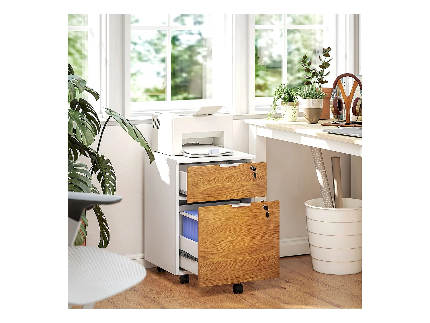 Caisson de bureau rangement bureau sur roulettes - tiroir coulissant, tiroir dossiers suspendus - blanc aspect chêne moyen