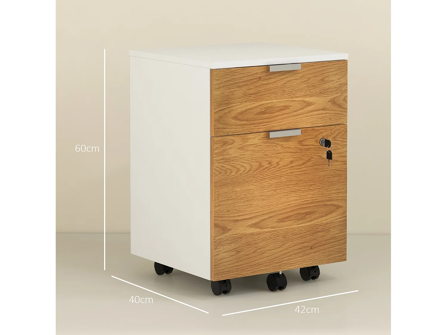 Caisson de bureau rangement bureau sur roulettes - tiroir coulissant, tiroir dossiers suspendus - blanc aspect chêne moyen