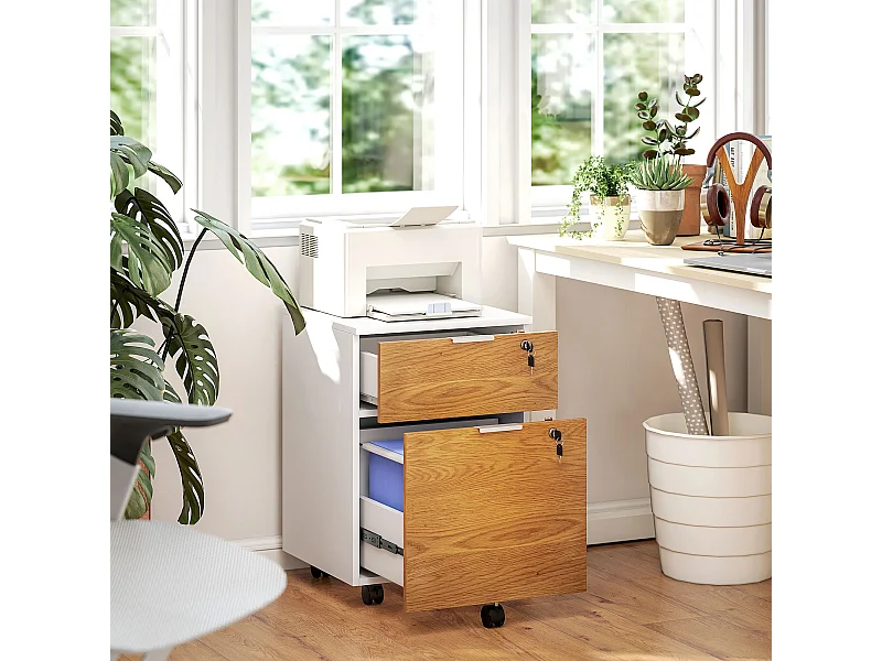 Caisson de bureau rangement bureau sur roulettes - tiroir coulissant, tiroir dossiers suspendus - blanc aspect chêne moyen