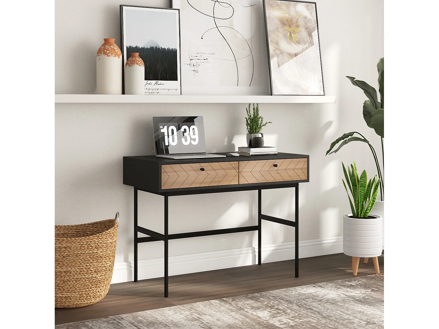 Bureau secrétaire style graphique - 2 tiroirs façades chevrons - acier noir aspect bois