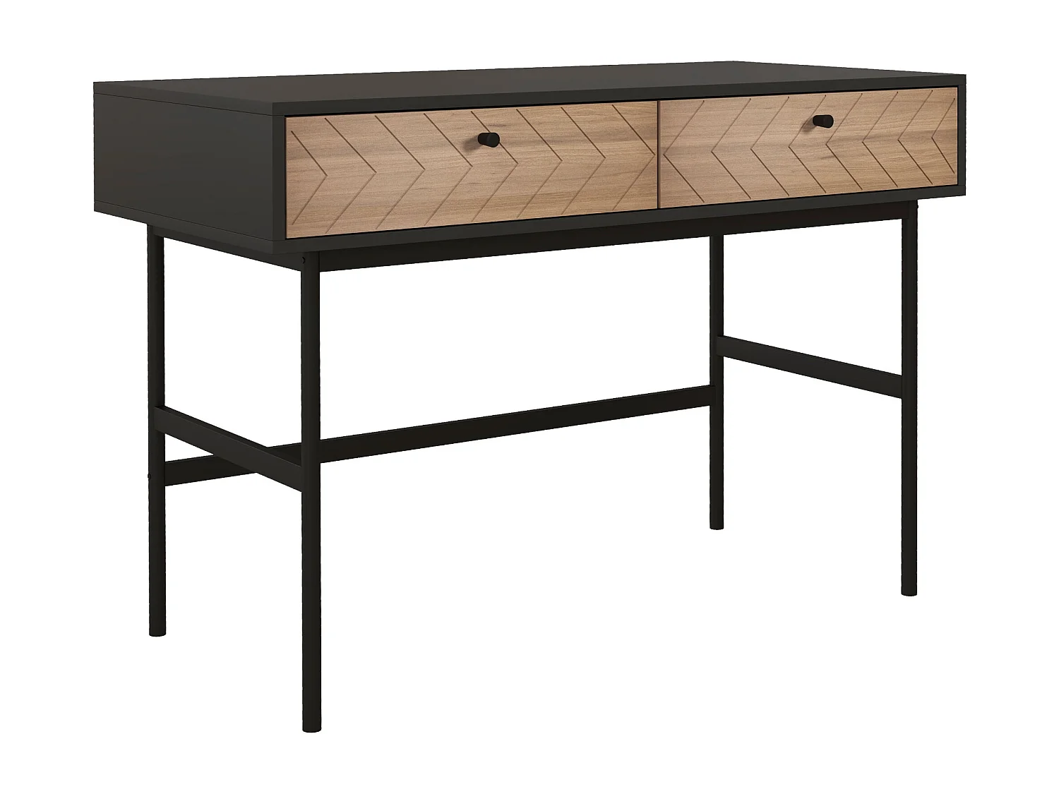 Bureau secrétaire style graphique - 2 tiroirs façades chevrons - acier noir aspect bois