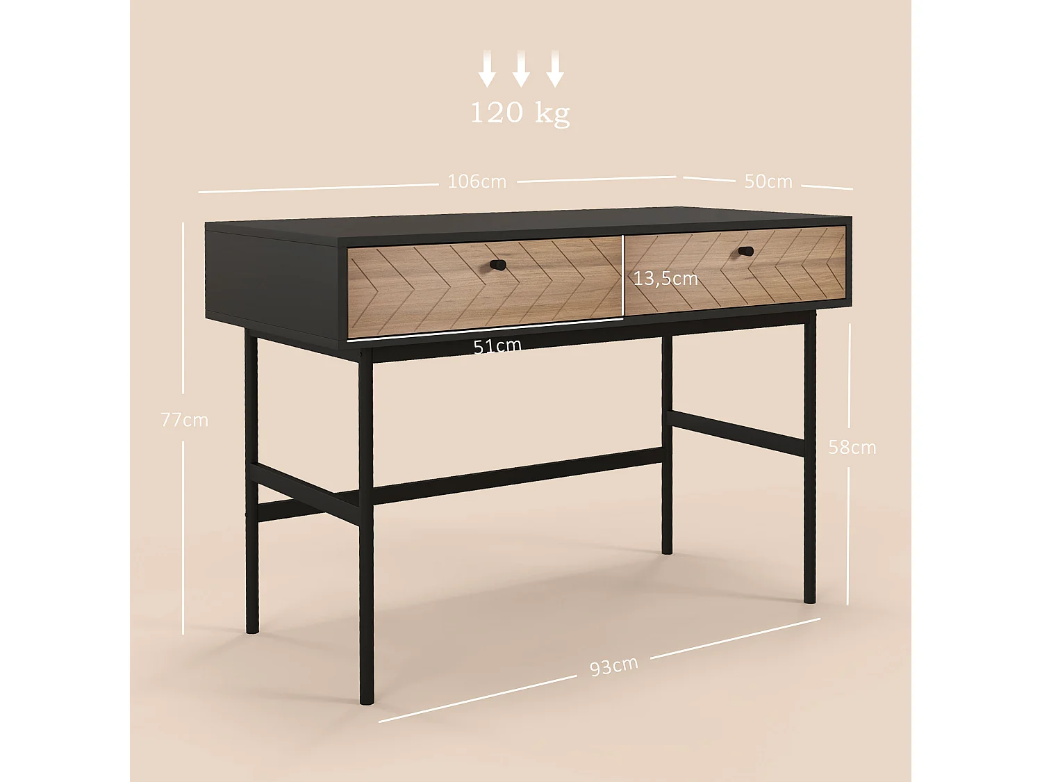 Bureau secrétaire style graphique - 2 tiroirs façades chevrons - acier noir aspect bois