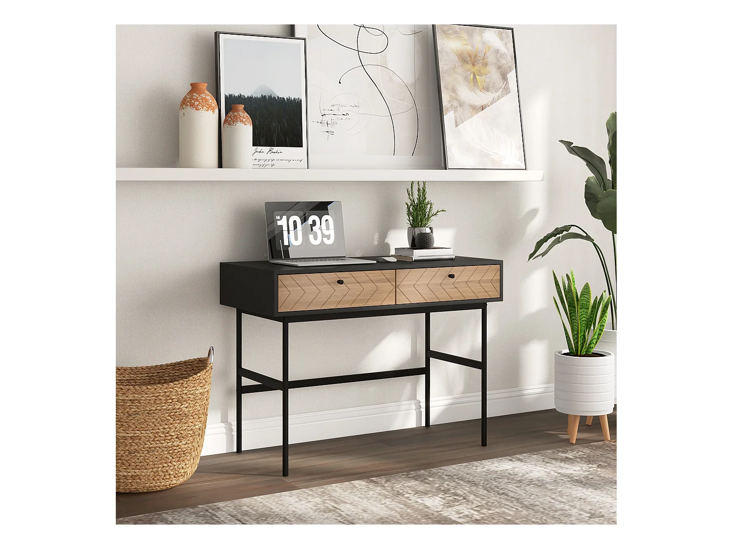 Bureau secrétaire style graphique - 2 tiroirs façades chevrons - acier noir aspect bois