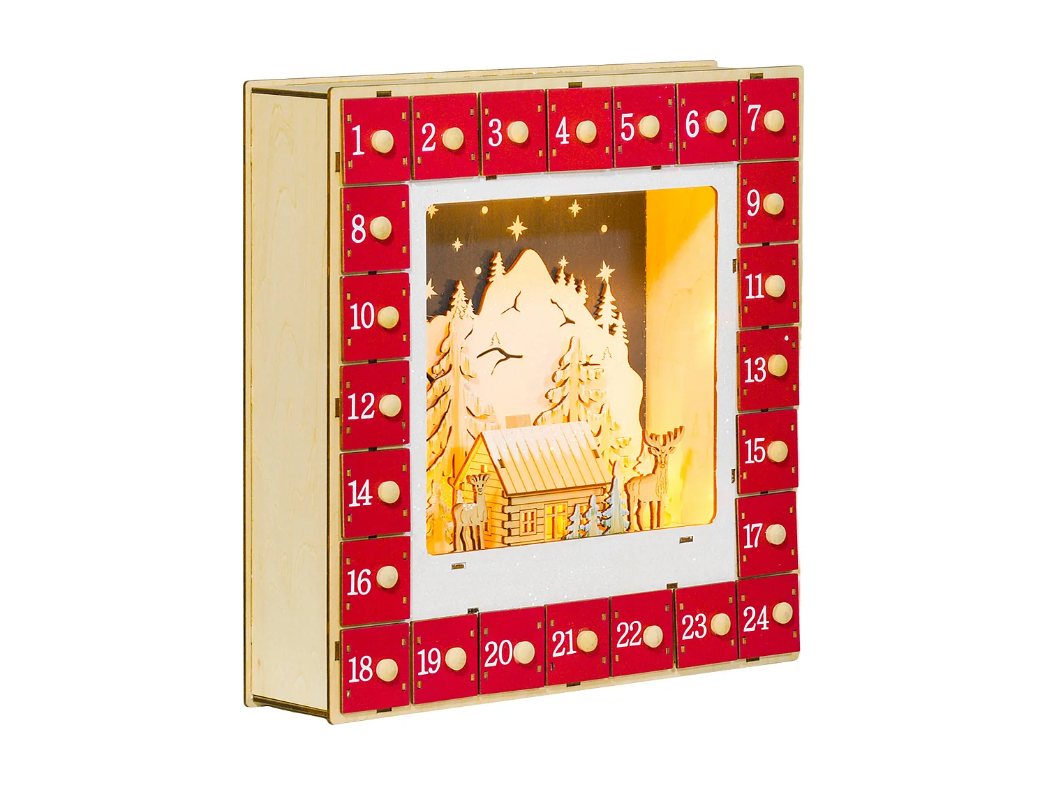 Calendrier de l'Avent LED en bois - 24 tiroirs à remplir - villages, montagnes, forêts, rennes, étoiles - rouge