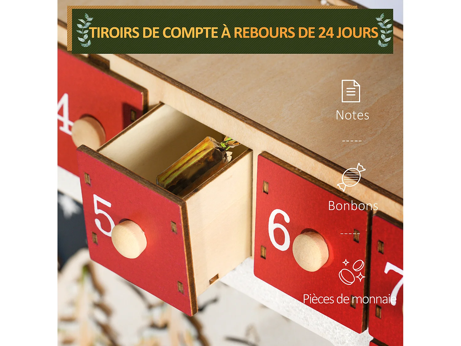 Calendrier de l'Avent LED en bois - 24 tiroirs à remplir - villages, montagnes, forêts, rennes, étoiles - rouge