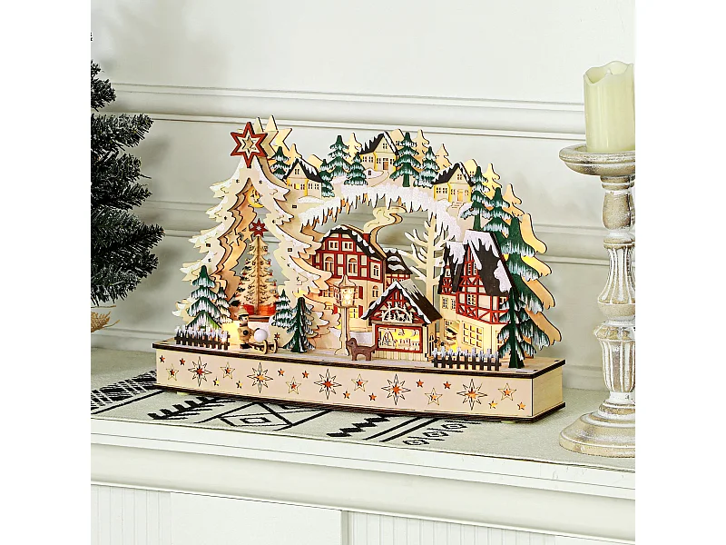 Village de Noël lumineux animé en bois - 20 LED - dim. 45L x 12l x 30H cm