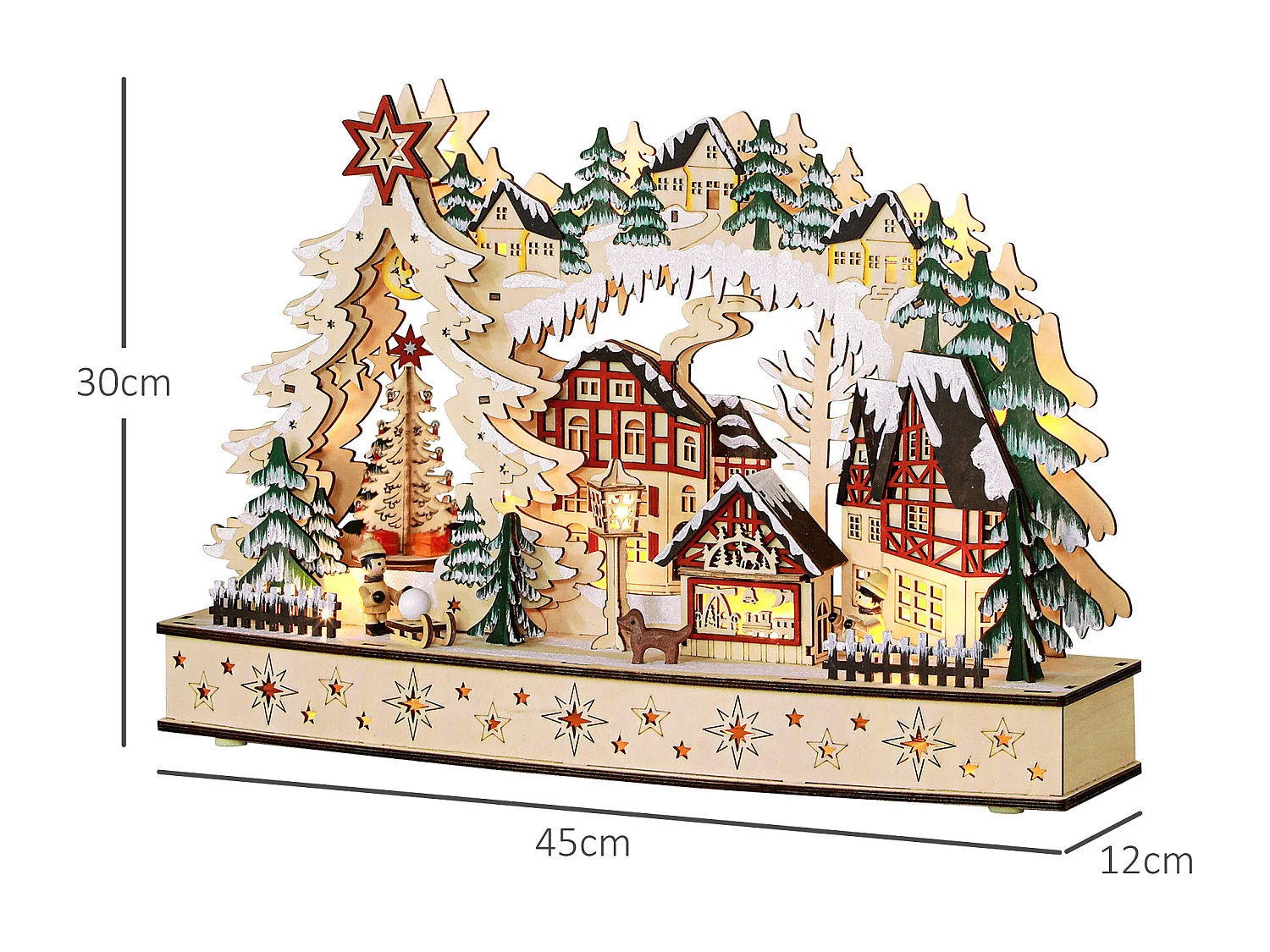 Village de Noël lumineux animé en bois - 20 LED - dim. 45L x 12l x 30H cm