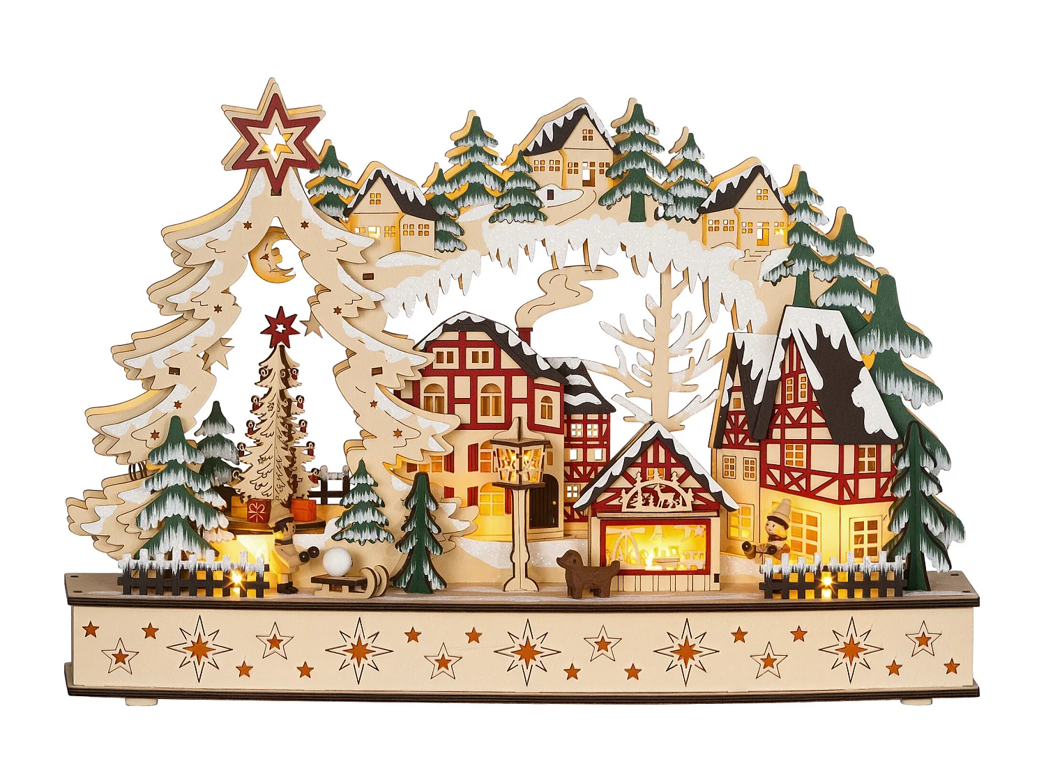 Village de Noël lumineux animé en bois - 20 LED - dim. 45L x 12l x 30H cm