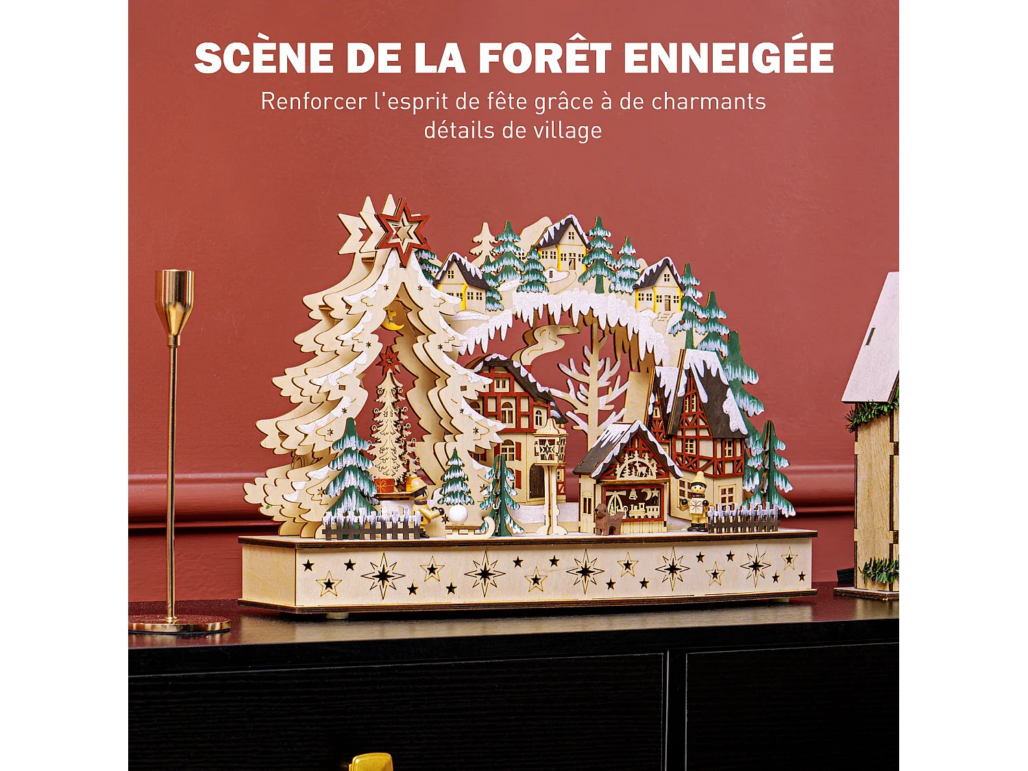 Village de Noël lumineux animé en bois - 20 LED - dim. 45L x 12l x 30H cm