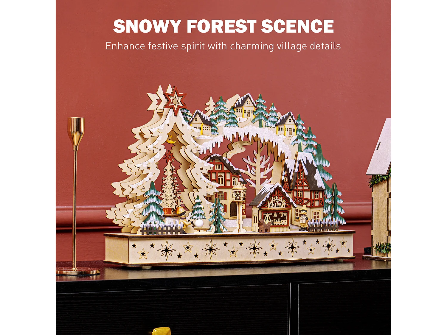 Village de Noël lumineux animé en bois - 20 LED - dim. 45L x 12l x 30H cm