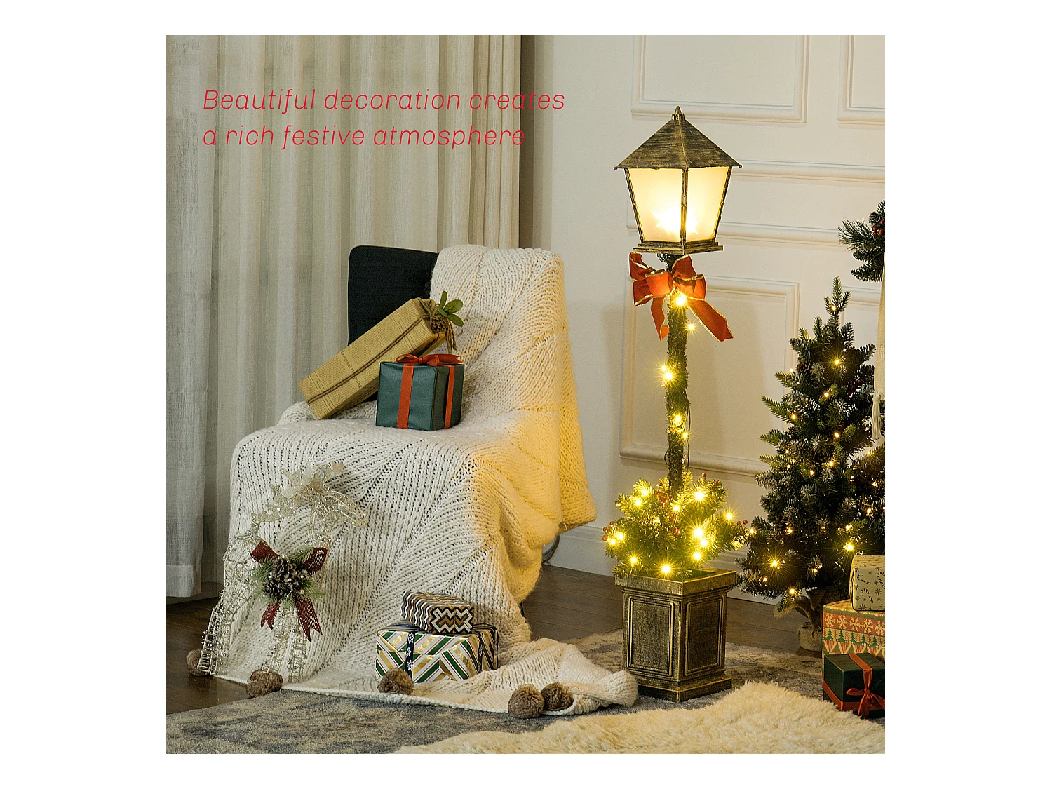 Lampadaire de Noël LED H.1,2 m style réverbère - décoration incluse - aspect bronze antique