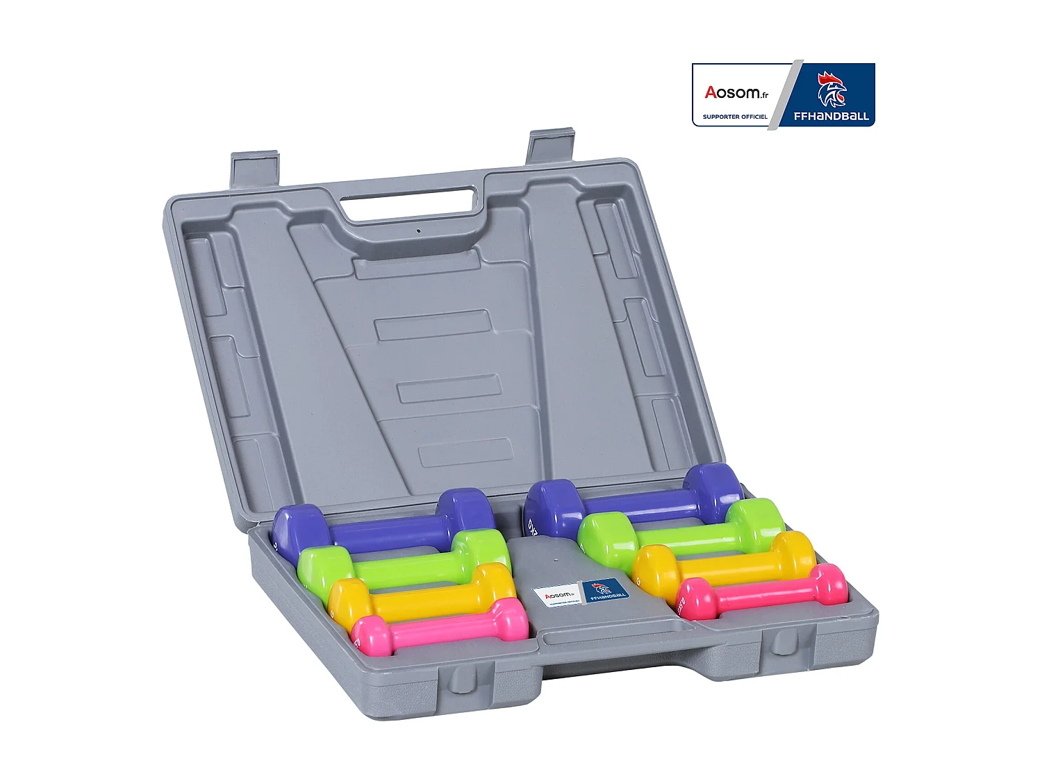 Ensemble d'haltères courtes total 10 Kg - collaboration Aosom.fr x FFHandball - paires de 0,5/1/1,5/2 Kg avec malette - métal PU multicolore