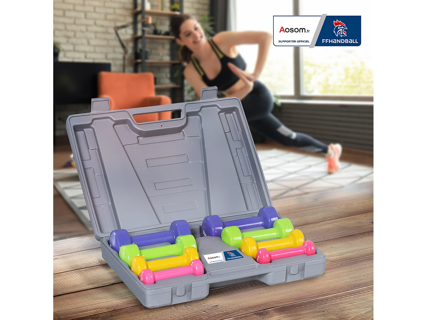 Ensemble d'haltères courtes total 10 Kg - collaboration Aosom.fr x FFHandball - paires de 0,5/1/1,5/2 Kg avec malette - métal PU multicolore
