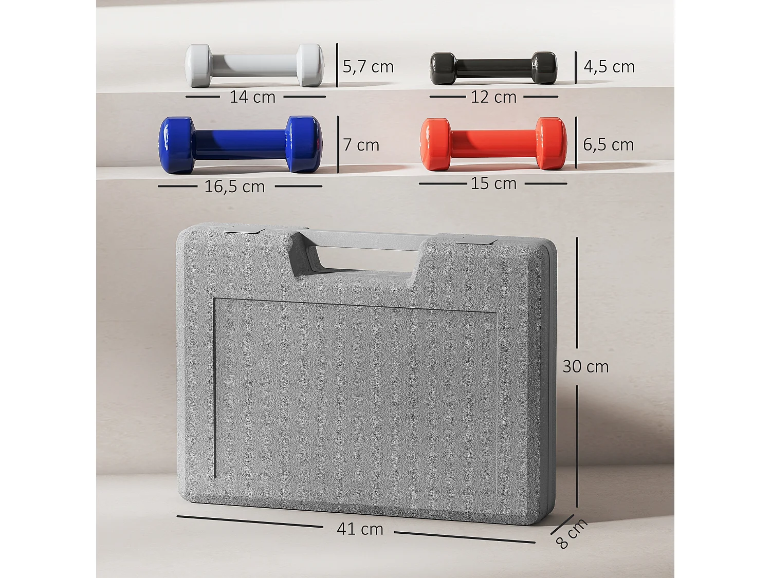 Ensemble d'haltères courtes total 10 Kg - collaboration Aosom.fr x FFHandball - paires de 0,5/1/1,5/2 Kg avec malette - métal PU multicolore