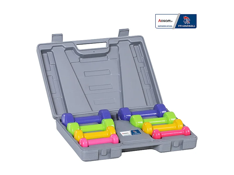 Ensemble d'haltères courtes total 10 Kg - collaboration Aosom.fr x FFHandball - paires de 0,5/1/1,5/2 Kg avec malette - métal PU multicolore